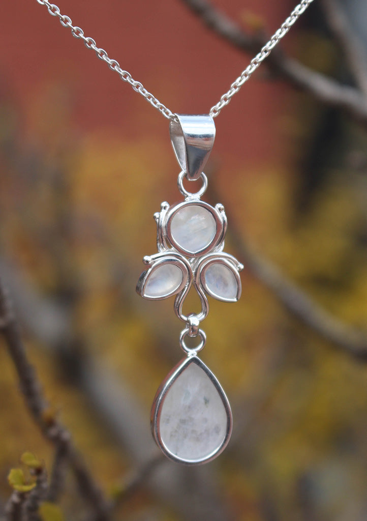 Flower Drop Rainbow Moonstone Sterling Silver Pendant - nepacrafts