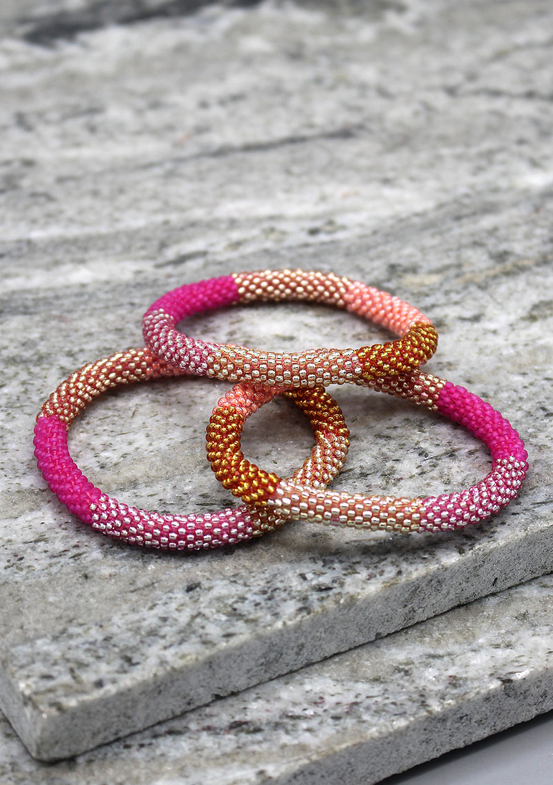 Royal Pink and Multi Colors Strips Glass Beads Bracelet