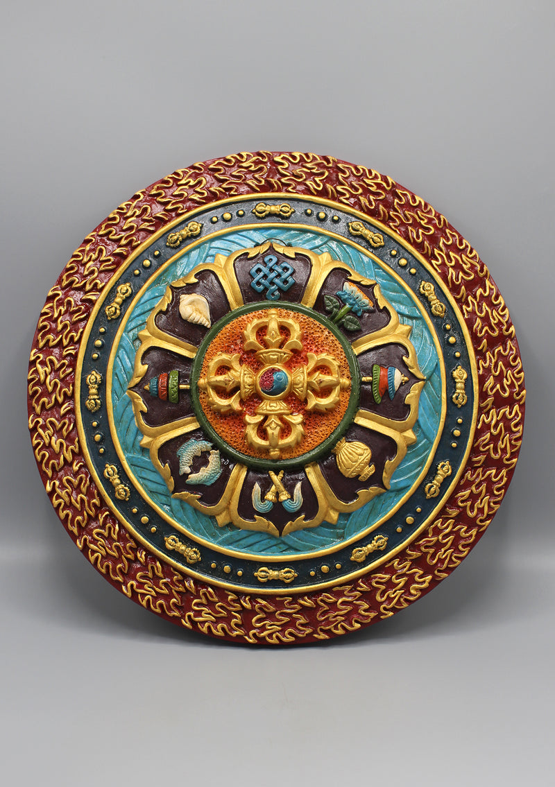 Double Dorjee & Tibetan Auspicious Symbol Clay Wall Hanging - nepacrafts
