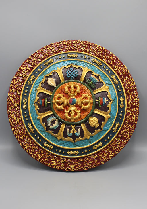 Double Dorjee & Tibetan Auspicious Symbol Clay Wall Hanging - nepacrafts