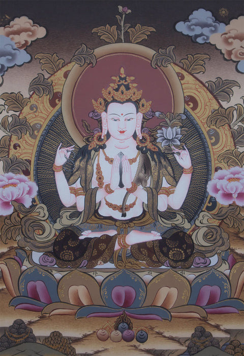 God of Compassion Chenrezig Thangka 40x30cm