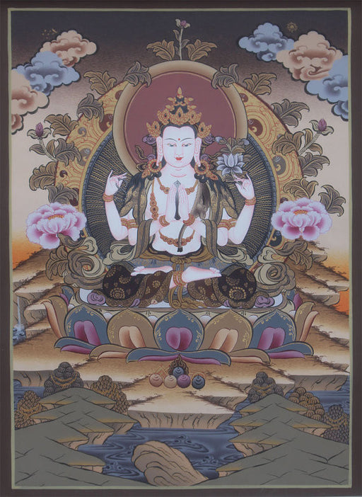 God of Compassion Chenrezig Thangka 40x30cm