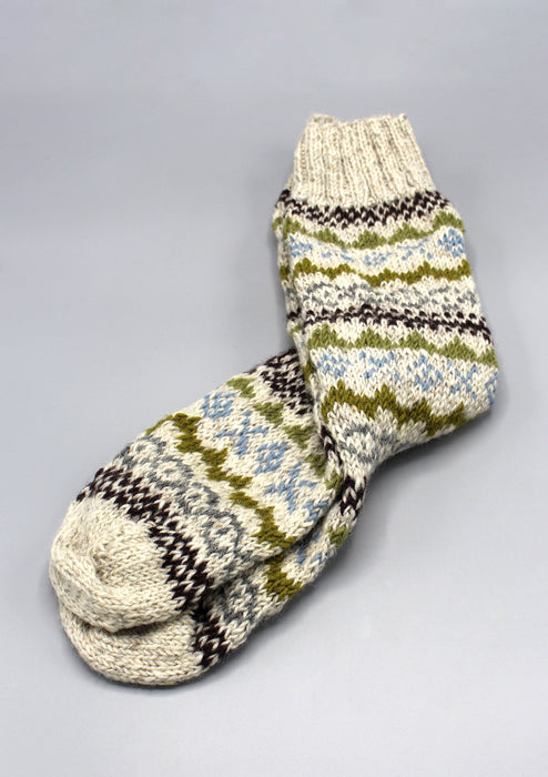 Hand Knitted White and Olive Green Knee High Socks