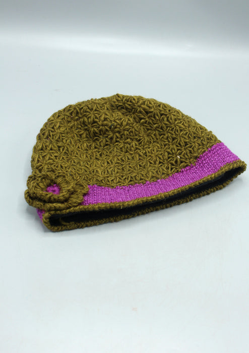 Purple Border Flower Attached Beige Warm & Soft Crocheted Woolen Beanie