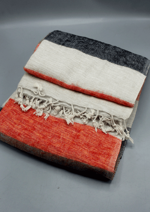 White and Orange Mix Multi Colored Hand-loomed Soft Yak Wool Blanket