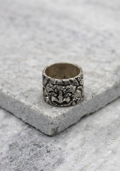 Tibetan Chhepu Carving Sterling Silver Finger Ring - nepacrafts