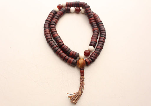 Disk Shaped Yak Bone Japa Mala with White Conch and Carmelian Beads Counter - nepacrafts