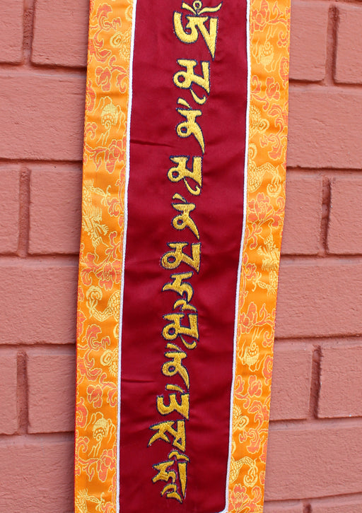 Shakyamuni Buddha's Mantra Embroidered Polyester Brocade Wall Hanging Banner - nepacrafts