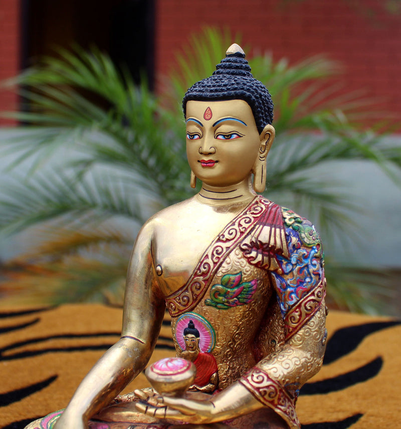 Gold Plated Dragon Carved Monastic Shakyamuni Buddha Statue 8.5" - nepacrafts
