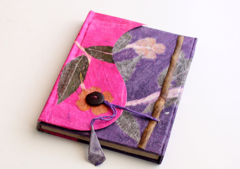 Real Leaves Printed Pink Color Lokta Paper Journal Book - nepacrafts