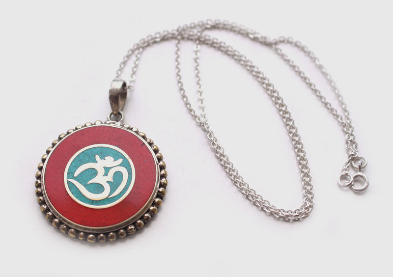 Hindu Om and Kalachakra White Metal Tibetan Pendant - nepacrafts