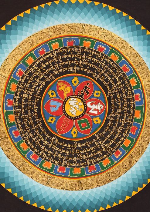 4 Line Mantras Blue Cosmos Om Mandala Hand Painted Thangka