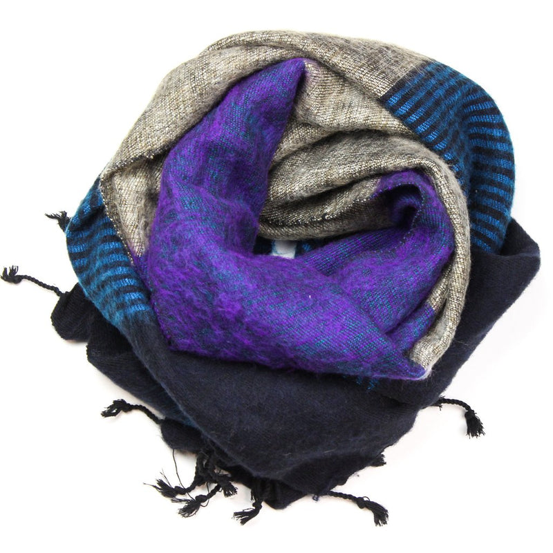 Hand loomed Warm Blue Lining Yak Wool Shawl-WYS54