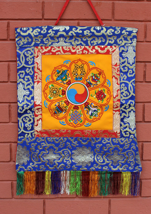 Brocade Framed Tibetan 8 Auspicious Symbol Wall Hanging