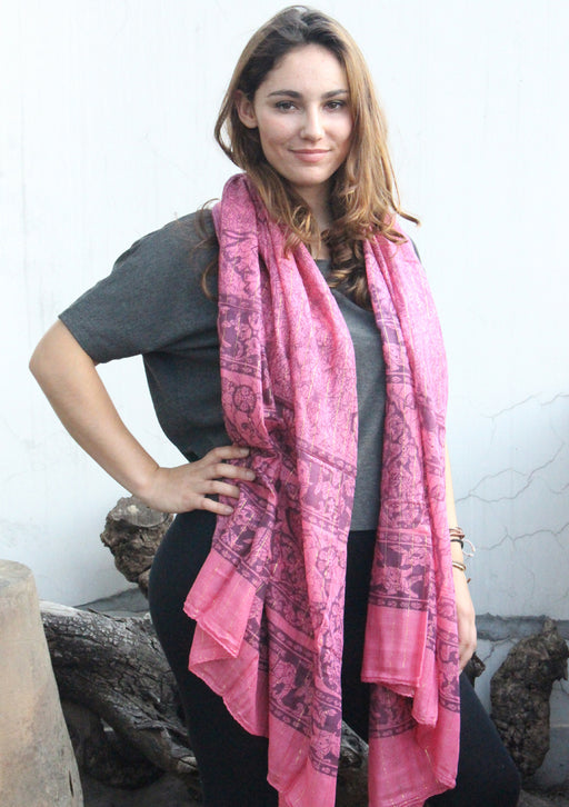 Light Pink Cotton Summer Scarf with Elephant and Deer Print From Nepal - nepacrafts