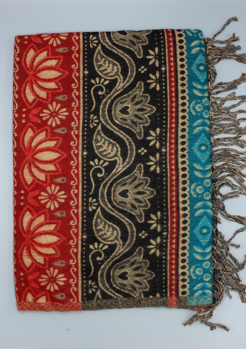 Red Lotus Design Black and Turquoise Yak Wool Shawl