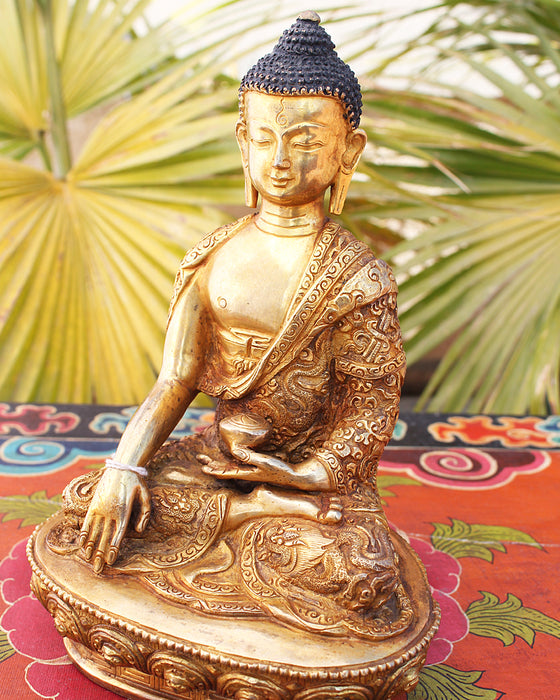 Dragon Carved Fully Gold Plated Shakyamuni Buddha Statue - nepacrafts