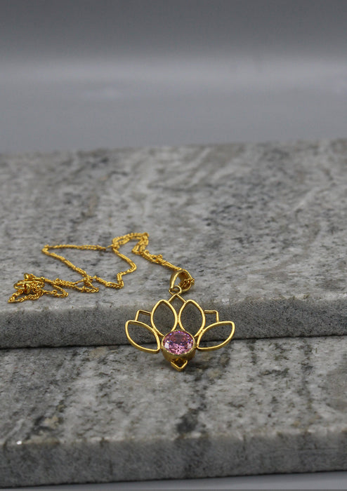 Pink Rose Quartz inlaid Gold Plated Lotus Pendant