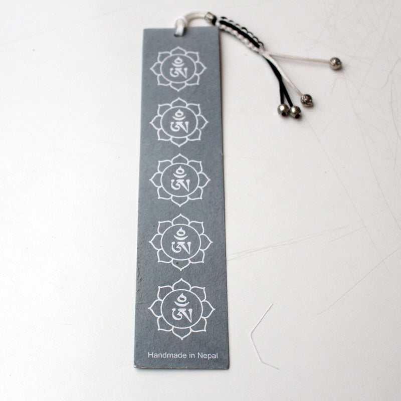 Gray Tibetan Om Lokta Paper Bookmark with Charm Tassel - nepacrafts