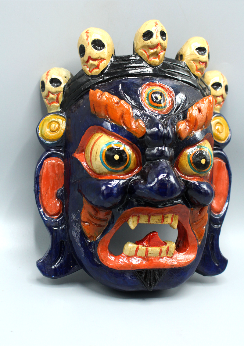 Handcarved and Painted Wooden Bhairav Wall Hanging Mask - Blue