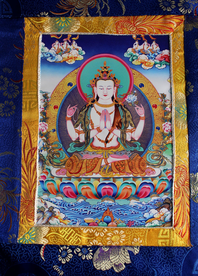 Om Mani Chenrezig Photo Thangka Silk Brocade Wall Hanging