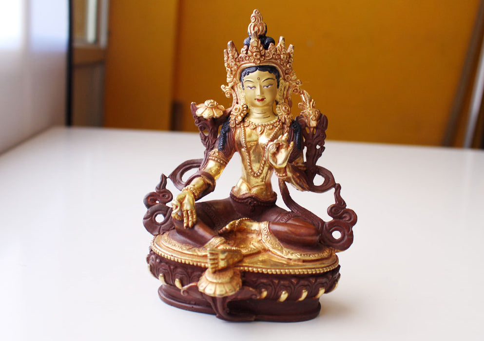 PARTLY GOLD PLATED GREEN TARA STATUE 6" WITH LOTUS - nepacrafts
