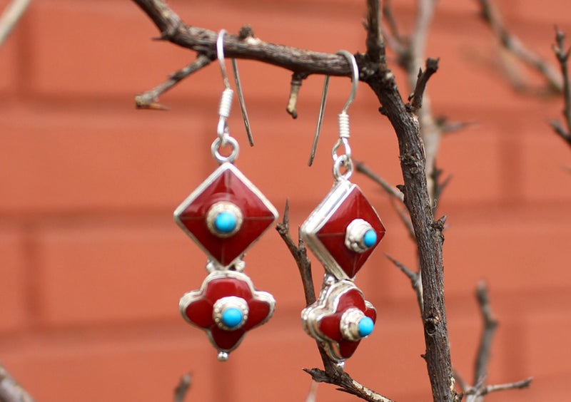 Square Shaped Floral Dangle Silver Earrings - nepacrafts