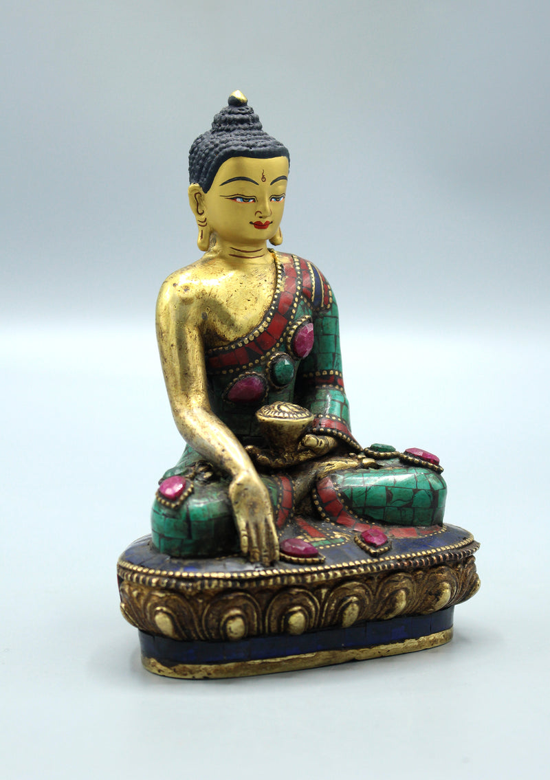 Face Painted Ruby and Emerald Inlaid Shakyamuni Buddha Statue 5.5"