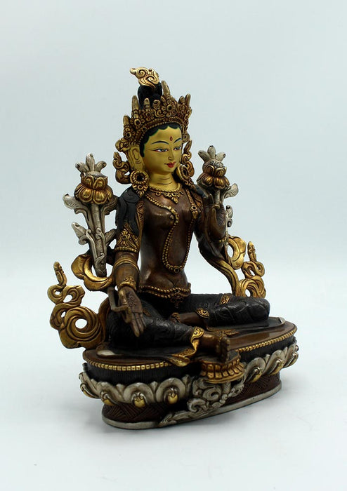 Gold and Silver Plated Green Tara Copper Statue 8.5" High