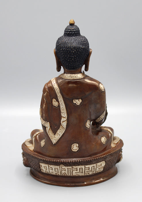 Copper Medicine Buddha Statue Inlaid Silver Robe - nepacrafts