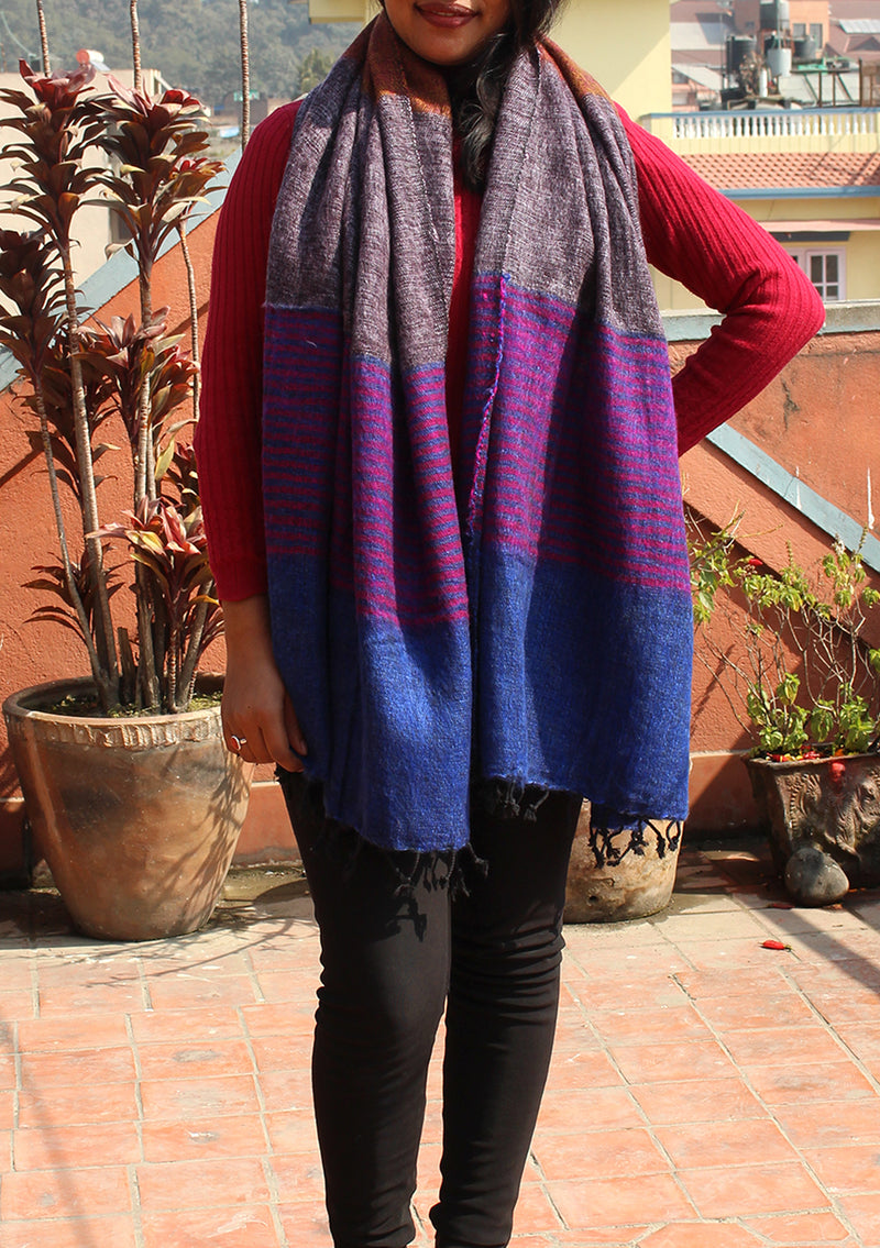 Blue Purple Lining Woolen Shawl of finest quality Nepal