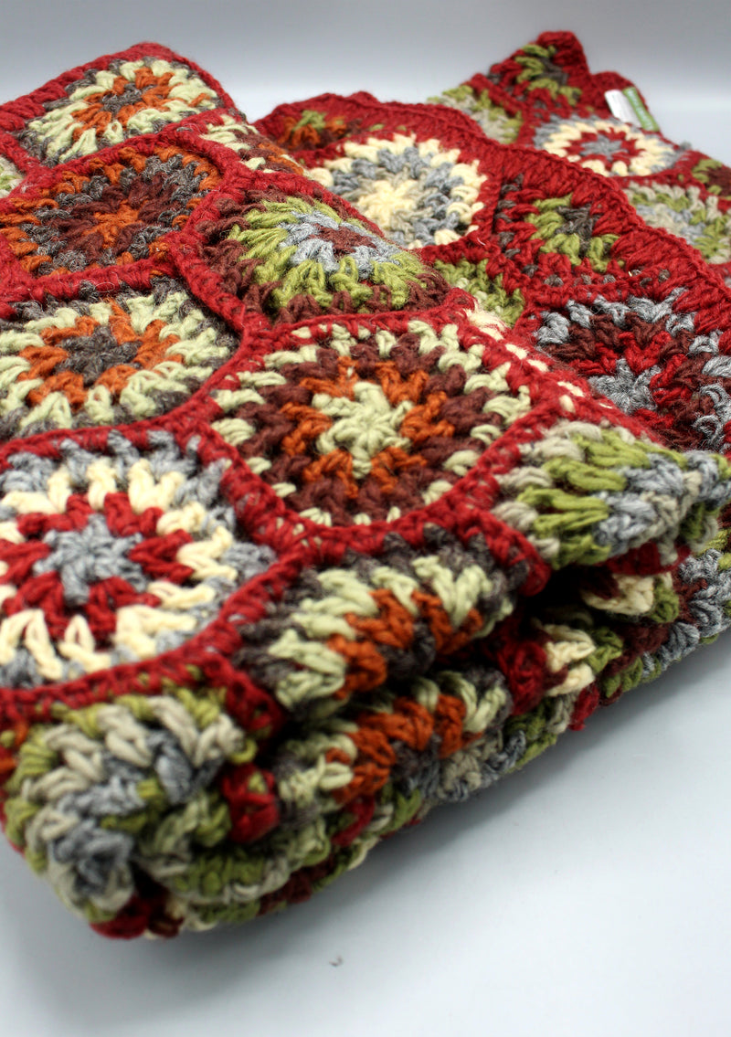 Beautifully Hand Crocheted Red and Gray Multi Color Woolen Blanket