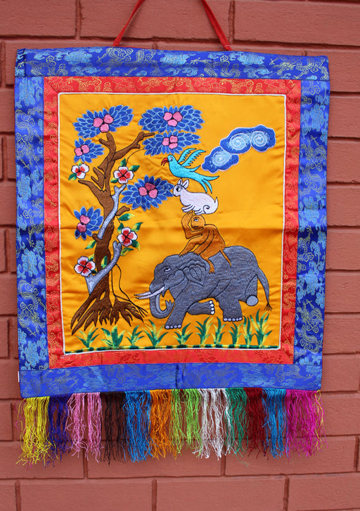 Four Harmonious Friends Embroidered Brocade Framed Wall Hanging - nepacrafts