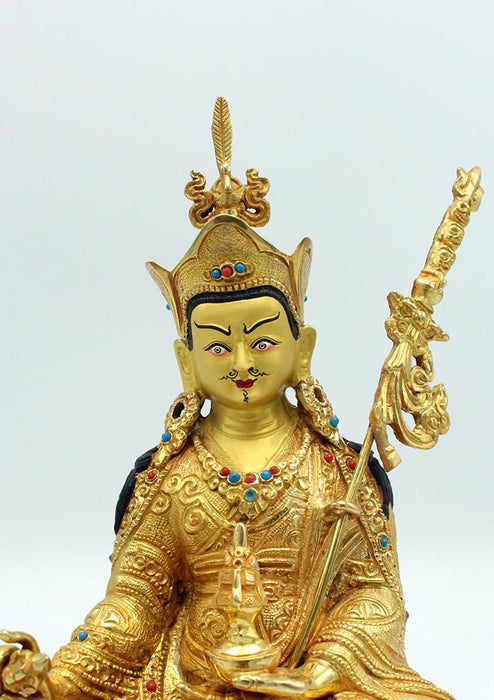 Gold-Plated Guru Padmasambhava Statue Embellished with Coral and Turquoise