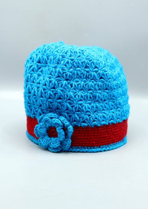 Red Border Flower Attached Blue Warm & Soft Crocheted Woolen Beanie