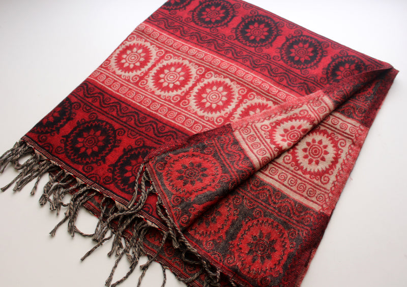 Flower Mandala Hand Loomed Red Yak Wool Shawl - nepacrafts
