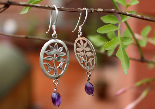 Silver Sterling Lotus Flower with Amethyst Drop Earrings - nepacrafts