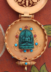 Turquoise and Coral Inlaid Goldplated Silver Sterling Astamangal Gau Pendant - nepacrafts