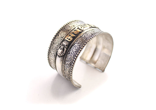 White Metal Om Mani Carved Cuff Bracelet for Meditation and Yoga - nepacrafts