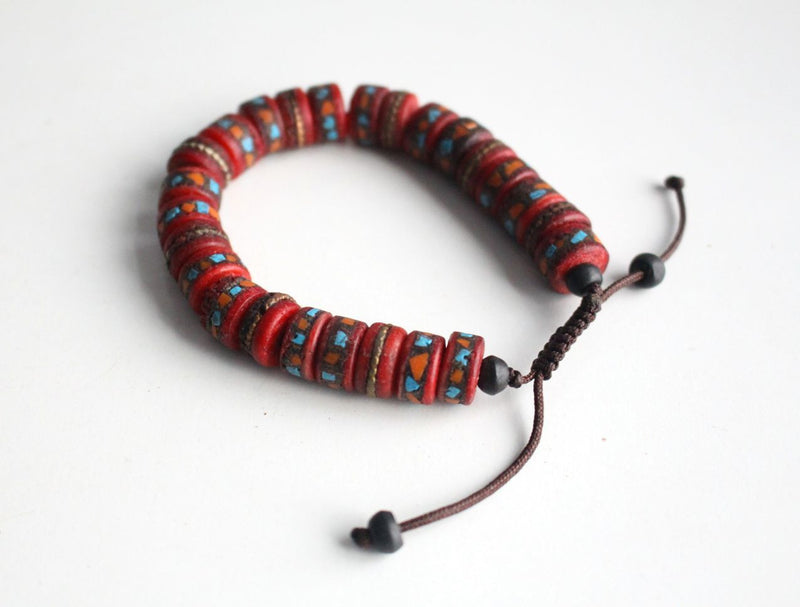 Red Inlaid Flat Bone Beads Bracelet - nepacrafts