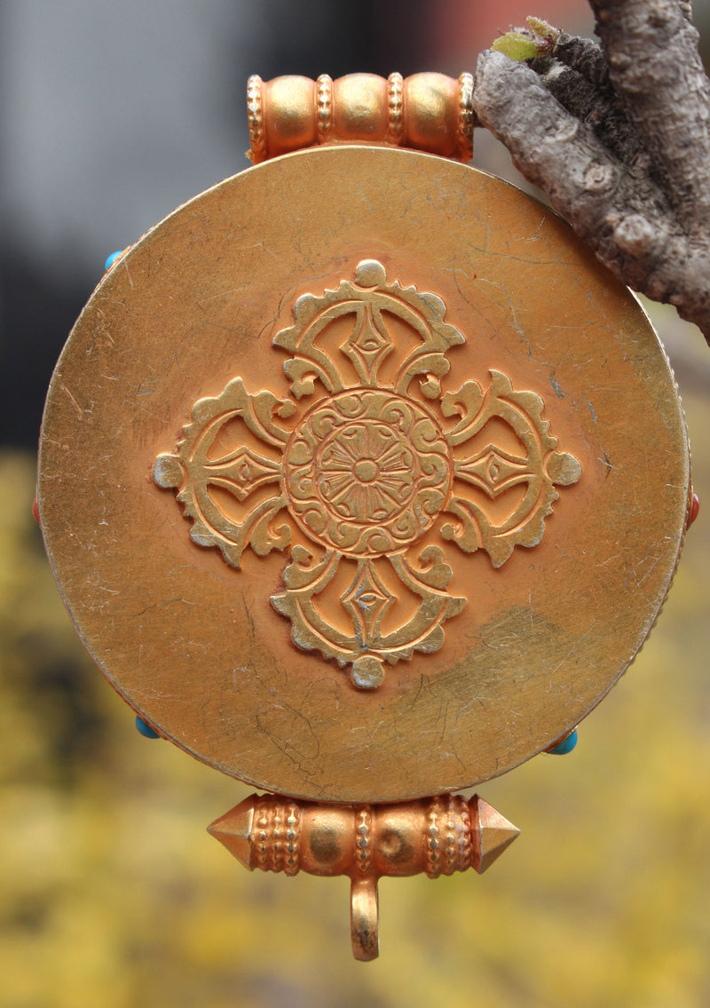 Turquoise and Coral Inlaid Goldplated Silver Sterling Astamangal Gau Pendant - nepacrafts
