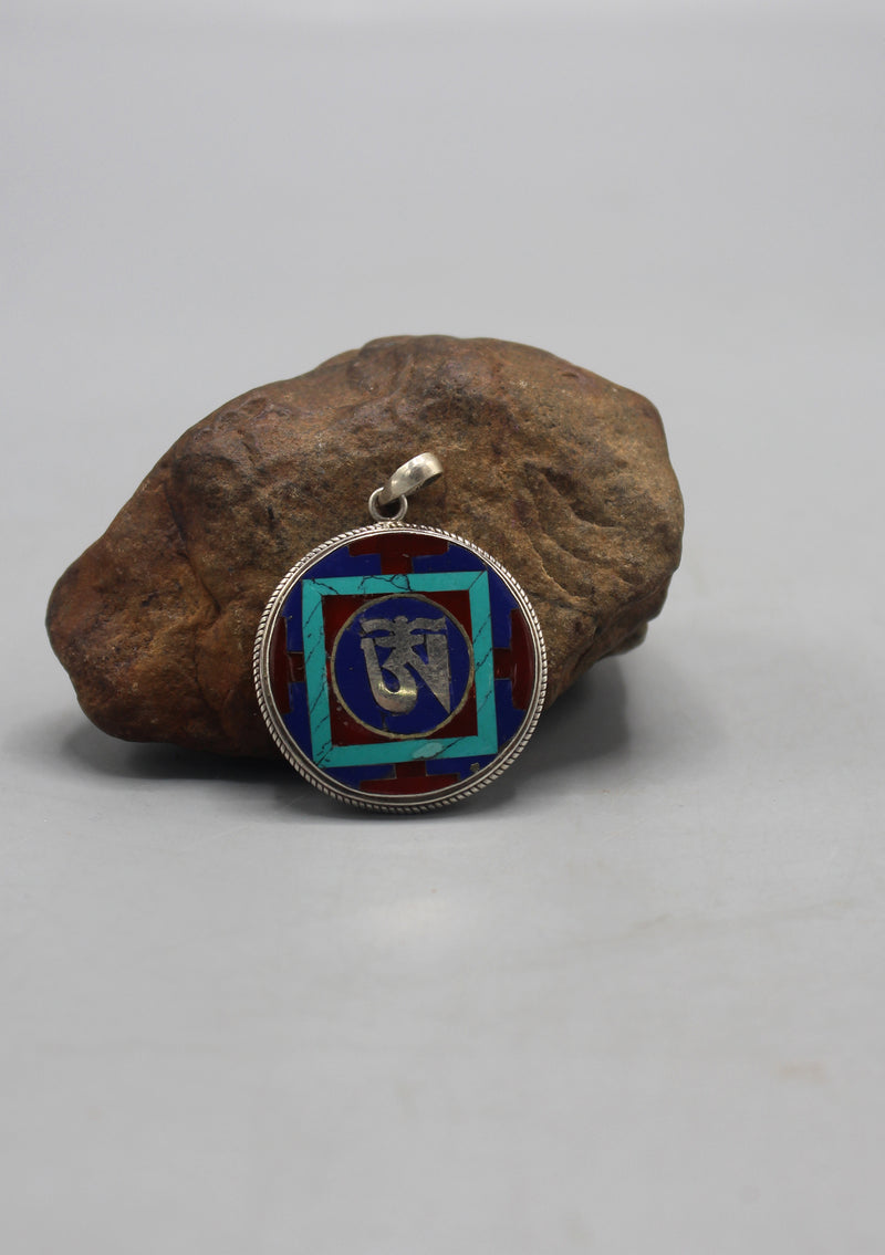 Sterling Silver Tibetan OM Pendant with Turquoise, Lapis and Coral resin