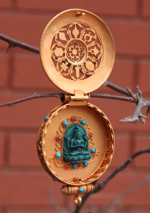 Turquoise and Coral Inlaid Goldplated Silver Sterling Astamangal Gau Pendant - nepacrafts