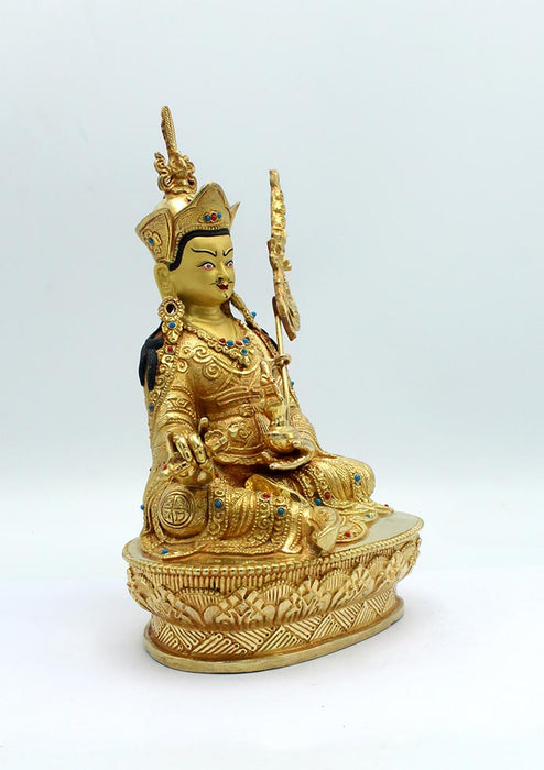 Gold-Plated Guru Padmasambhava Statue Embellished with Coral and Turquoise