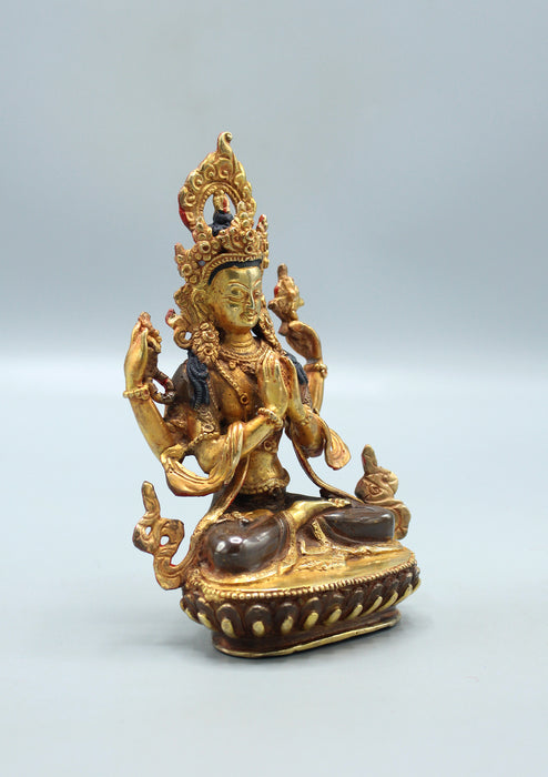 Partly Gold Plated Four Armed Chenrezig Statue 6.5"