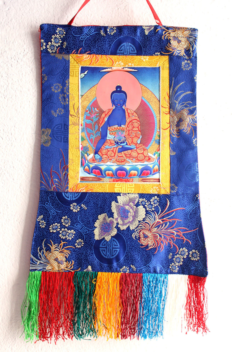 Medicine Buddha Photo Thangka Wall Hanging with Silk Brocade