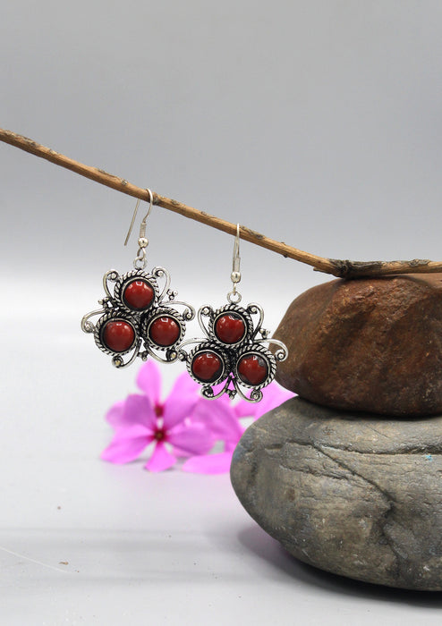 Coral Inlaid Tibetan Floral Silver Plated Earrings