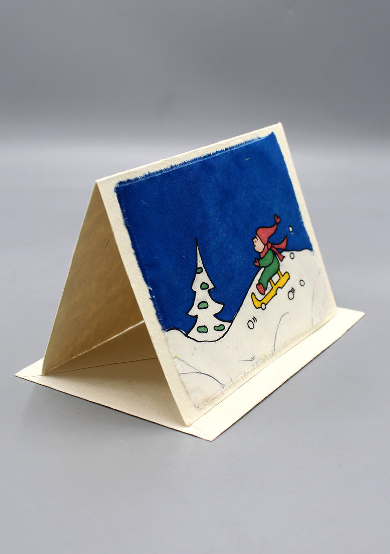 Fair Trade Little Boy Skiing Batik Greetings Card