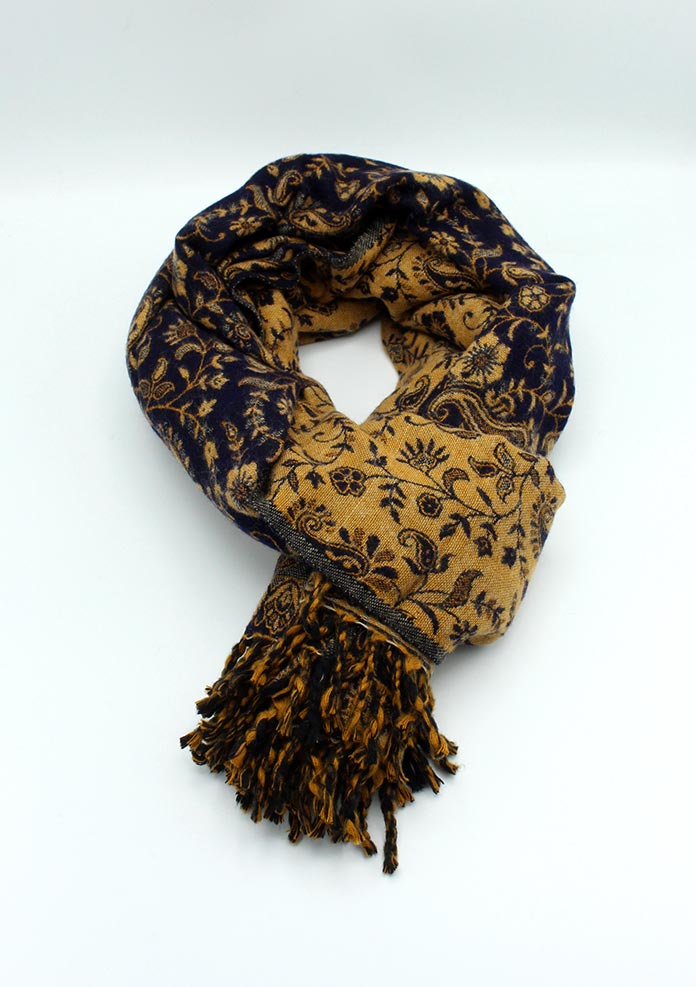 Hand Loomed Dark Blue Flower Pattern Print Yak Wool Shawl