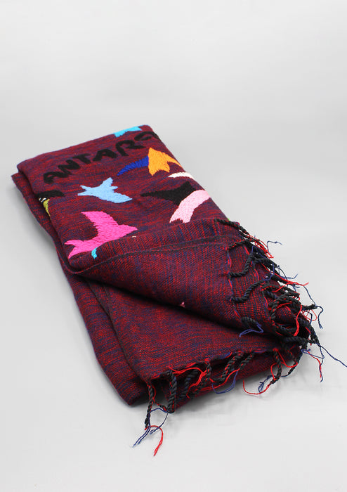 Maroon Arctic Antartica Circle Yak Wool Shawl with Arctic Birds Embroidery
